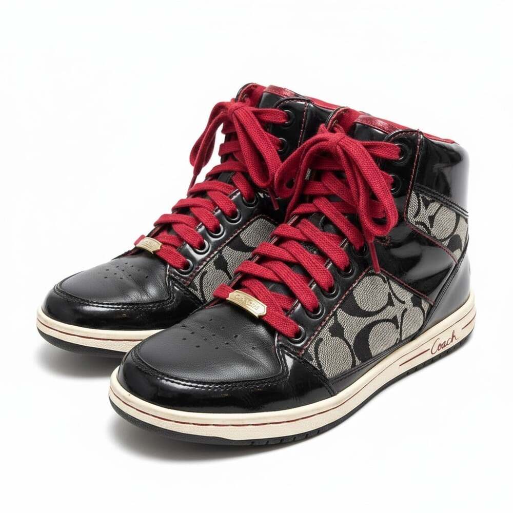 Coach Norra High Top Sneaker Q368 Women's 6 Black Signature Canvas Patent Red